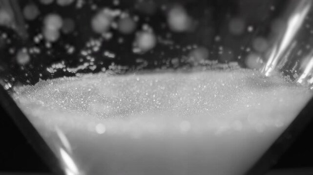 Closeup on hourglass sand falling from top glass bulb, time running out concept