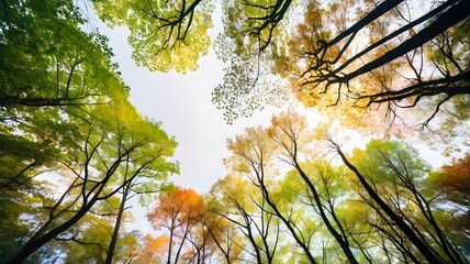 Fototapeta premium Autumnal Forest Canopy: Low-Angle View of Trees with Varied Foliage