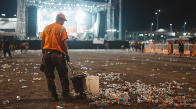garbage collector cleans up plastic bottles after festival, showcasing importance of waste management and environmental responsibility