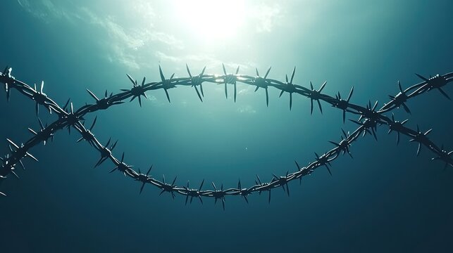 Barbed wire shaped as Ichthus symbol against bright sky.
