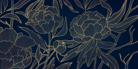 Vector flower peony pattern, line gold on blue luxury vintage background. Japanese floral elegant illustration