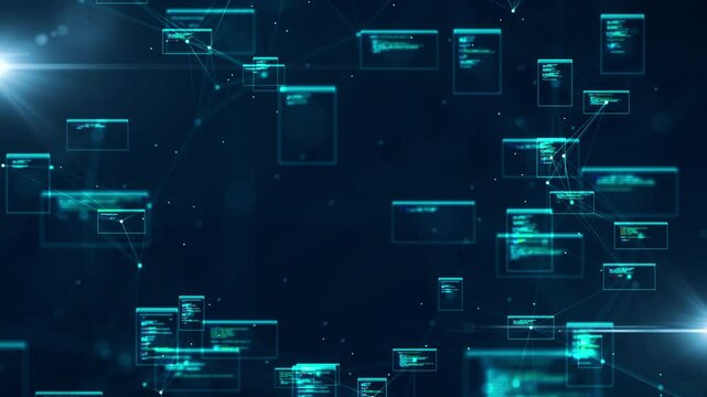 Abstract programming code technology concept digital data connected glowing nodes internet network on dark blue background.