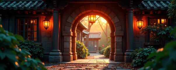 Fototapeta premium Archway lit by soft warm light from three lanterns hanging above the entrance, nature, lanterns, entrance