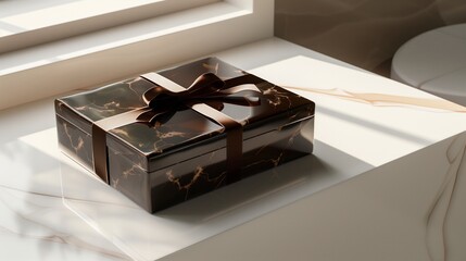 A neatly wrapped gift box with a shiny ribbon, placed on a white surface, showcasing its elegant design.