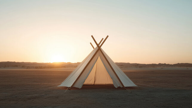 serene desert scene featuring large canvas tent at sunset, with sun rays illuminating landscape. peaceful atmosphere invites relaxation and adventure