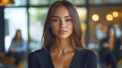 Portrait of confident young businesswoman boss in business black suit in workroom of modern business center on working day
