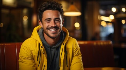 Obraz premium A man in a yellow jacket is smiling and sitting at a table