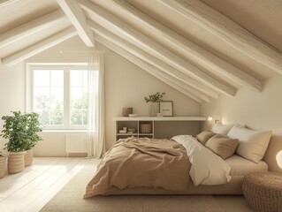 Serene Bedroom Design With Exposed Wooden Beams