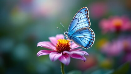 Obraz premium Vibrant Blue Butterfly on a Multicolored Blossom