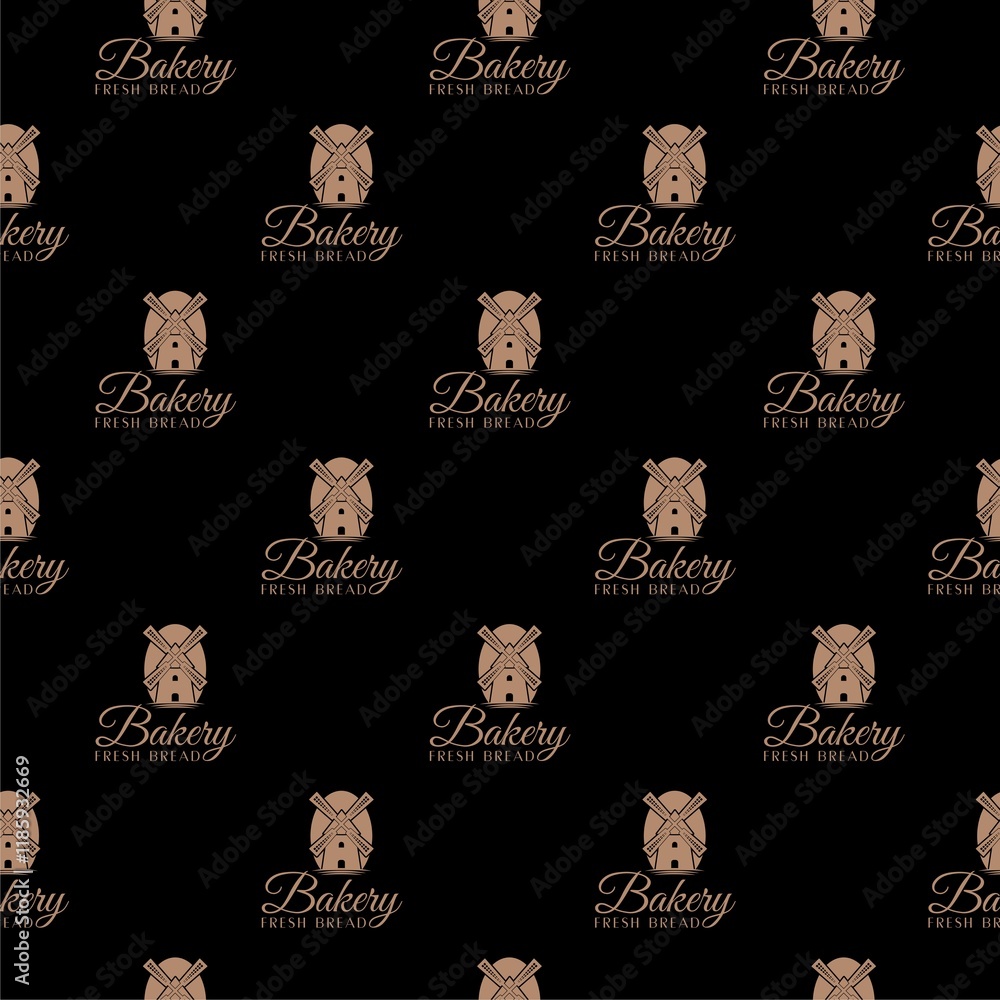 Poster windmill logo, bakery emblem pattern seamless isolated on black background