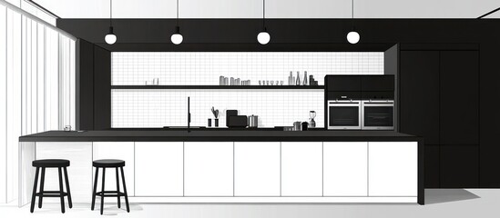Modern monochrome kitchen with island, stools, and appliances.