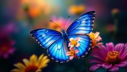 Vibrant Blue Butterfly on a Multicolored Blossom