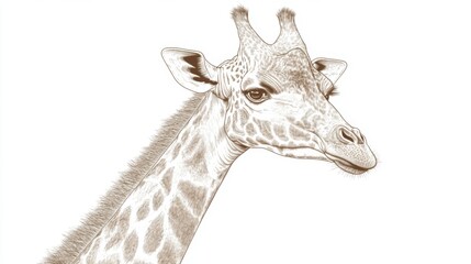 Naklejka premium Sepia drawing of a giraffe's head and neck.