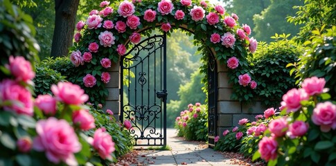 Obraz premium Delicate peonies and roses adorning the gates, gates, peonies