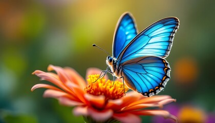 Obraz premium Vibrant Blue Butterfly on a Multicolored Blossom