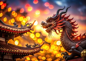 Fototapeta premium Bokeh-drenched night shot: a majestic red-black dragon adorns a Chinese temple, showcasing Asian architecture and culture.