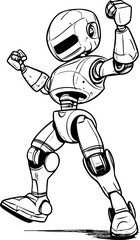 Fototapeta premium Black and white cartoon robot illustration with a dynamic pose.