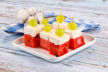 Watermelon with feta and grape