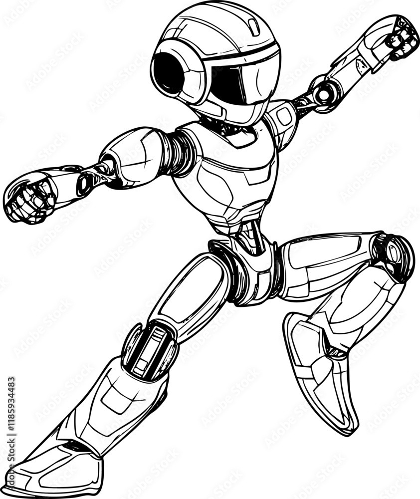 Aufkleber dynamic lineart illustration of a futuristic robot in action pose.
