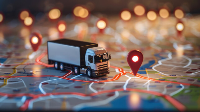miniature truck on map with glowing location markers, symbolizing logistics and transportation. This captures essence of route planning and delivery efficiency