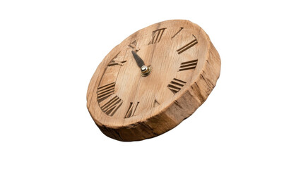 Wooden clock with Roman numerals on a black background.