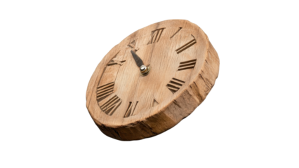 Wooden clock with Roman numerals on a black background.