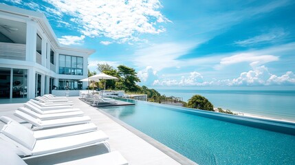 Fototapeta premium Modern luxury white beach hotel with stunning sea and blue sky
