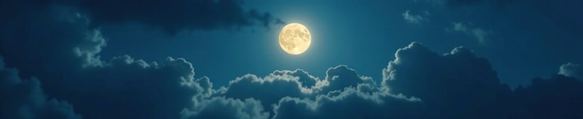 Full moon illuminates dark clouds and the night air, misty, lunar, atmospheric