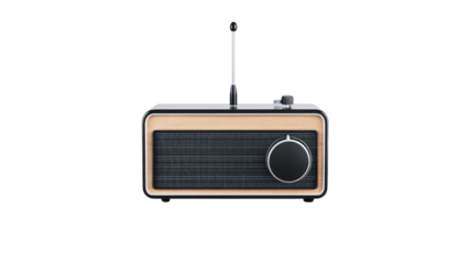 Vintage radio with wood accents and antenna, set against a dark background.