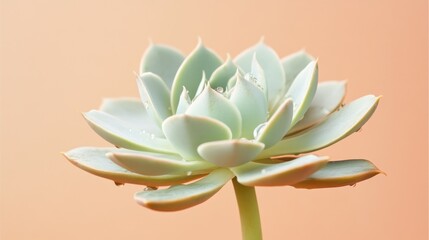 Close-up of a succulent with water droplets on its petals against a peach background.