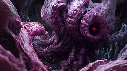Abstract Purple Cave  Glowing Eyes   D Render  Fantasy World
