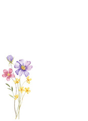 Greeting card template with watercolor flowers, floral frame, illustration hand painted. Isolated on white background.