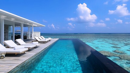 Fototapeta premium Modern luxury white beach hotel with stunning sea and blue sky