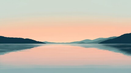 Obraz premium Serene sunset over calm water reflecting mountains.