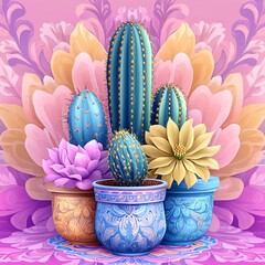 Cute Pastel Cactus Illustrations in Flower Pots