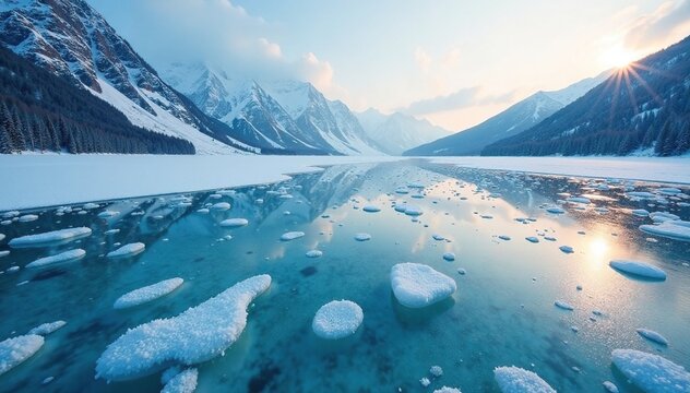 Ice crystals forming on a frozen lake in the Kolyma River valley, landscape, climate, lake