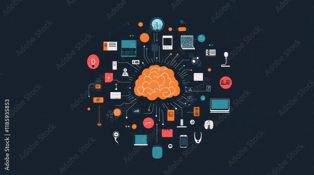 Aufkleber brain connected to various devices and gadgets, illustrating iot and ai concepts.