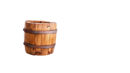 Wooden barrel with metal bands on a black background.