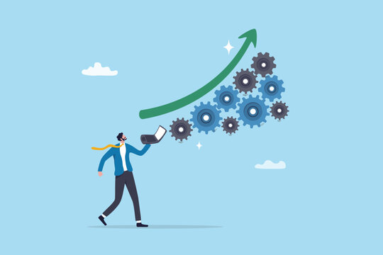 Growing efficiency, process improvement, increase development or productivity, working process, innovation or strategy for work efficiency concept, businessman work with laptop on increase efficiency.