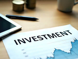 Tablet, pen, paper investment, coffee cup
