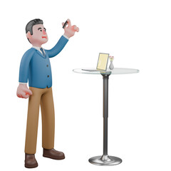 A male TV presenter stands with a laptop on the table and holds a pen with his left hand