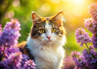 Cute calico cat portrait:  spring blooms, high depth of field, whimsical feel. HD pet photo.