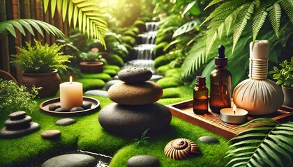 Obraz premium Zen stones and water in a peaceful green garden, relaxation time, wellness and harmony, massage and bodycare, spa and wellness concept