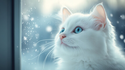 White cat, soft fur, sitting by the window as snow falls outside. The beautiful light creates a cinematic