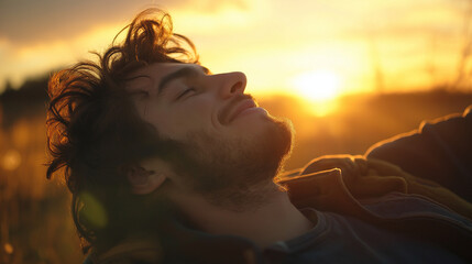 Person's silhouette against golden sunset sky. Ideal for spiritual, wellness, or contemplative lifestyle imagery.