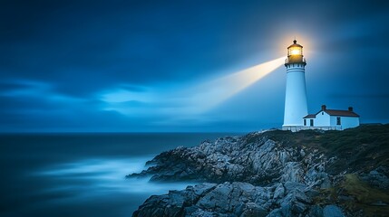 Fototapeta premium A lighthouse is lit up on a rocky shoreline