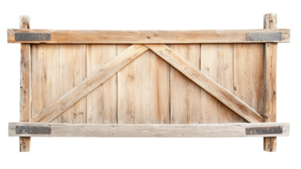 Wooden barn door with a rustic, weathered appearance on a black background.