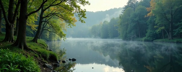 Fototapeta premium misty morning in the beech forest near a small lake, serene lake, moody woods, undergrowth