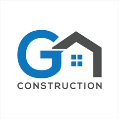  A logo for "GA CONSTRUCTION" with "GA" in a large blue font, where the "A" is stylized as the roof and part of the walls of a house, and "CONSTRUCTION" is in smaller gray font below. , GA logo
