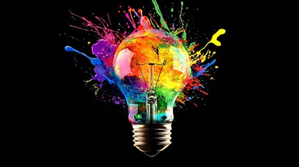 Creative light bulb exploding with colorful paint splashes on a black background